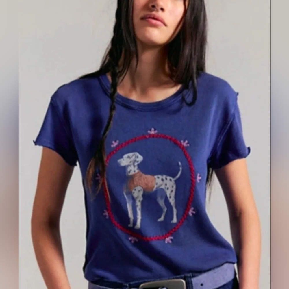 Free People Blue Friends Dog Graphic T-Shirt, NWT, XS